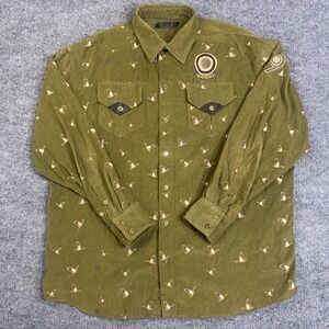 VTG COOGI Shirt Mens XXL Olive Green Corduroy Button Up Bird Print Embroidered